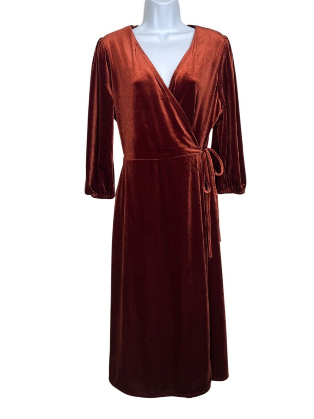 Baltic Born Beckinsale Midi Velvet Wrap Dress Cinnamon Rust Orange Medium Party - Picture 9 of 16